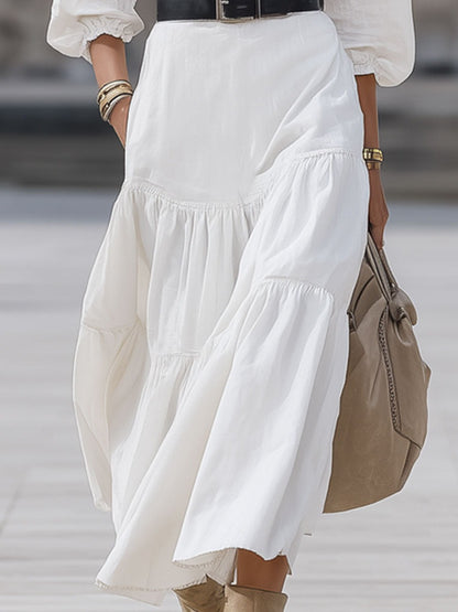 Fashionable Retro White Cotton V-neck Ruffled Long-sleeved Midi Dress
