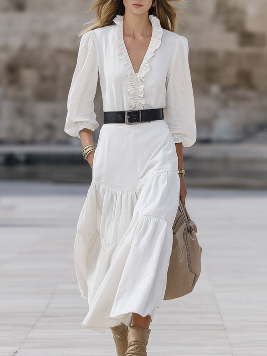 Fashionable Retro White Cotton V-neck Ruffled Long-sleeved Midi Dress