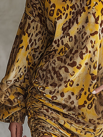 Retro Loose-fitting Yellow Leopard Print Velvet Print Turtleneck Mini Dress