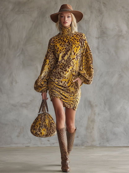 Retro Loose-fitting Yellow Leopard Print Velvet Print Turtleneck Mini Dress