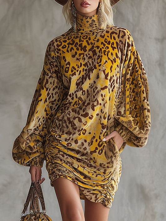 Retro Loose-fitting Yellow Leopard Print Velvet Print Turtleneck Mini Dress