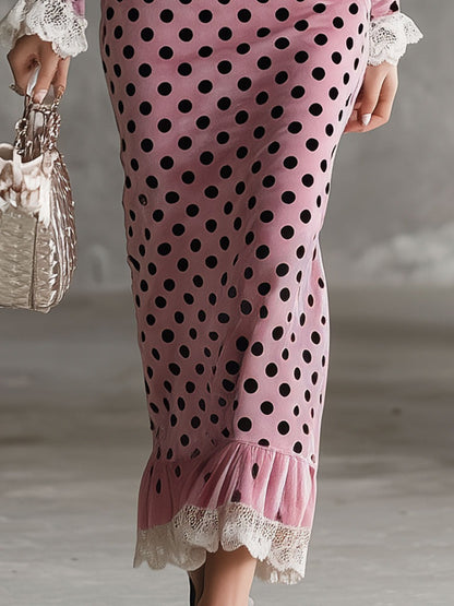 Elegant Retro White Lace Pink Velvet Polka Dot Print Midi Dress