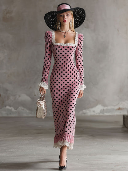 Elegant Retro White Lace Pink Velvet Polka Dot Print Midi Dress