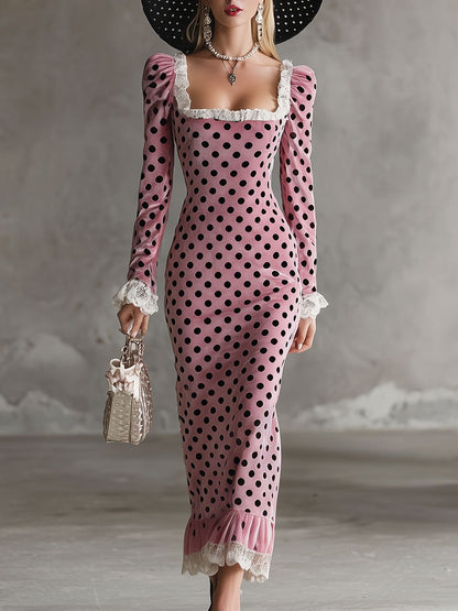 Elegant Retro White Lace Pink Velvet Polka Dot Print Midi Dress