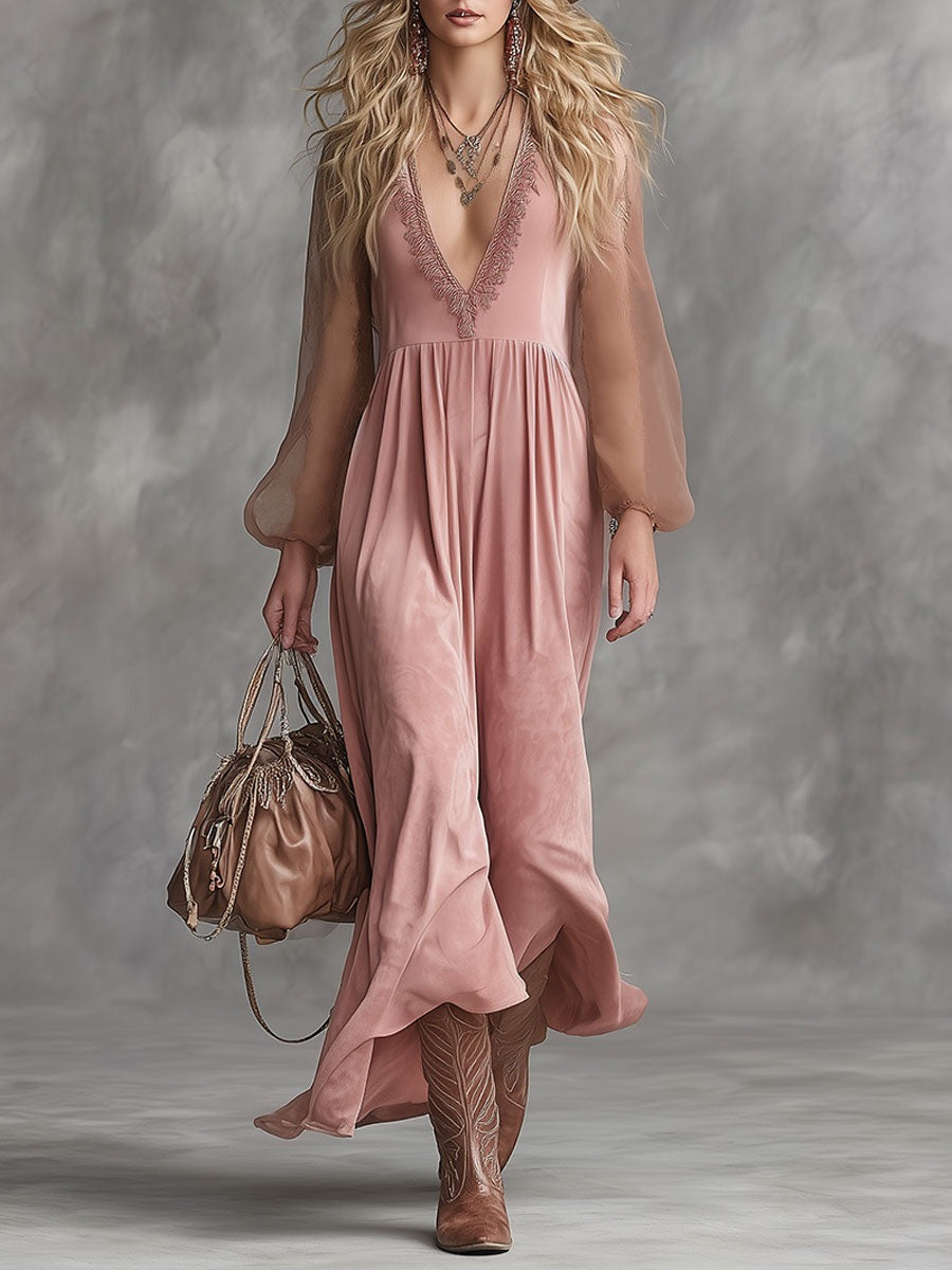 Western Retro Loose-fitting Sheer-sleeved Pink Faux Suede V-neck Maxi Dress