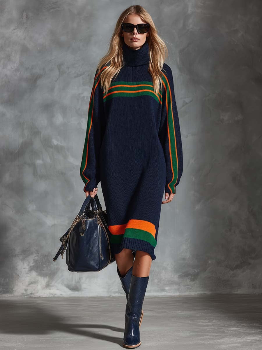 Vintage Fashion Sporty High-neck Contrast Green And Orange Striped Navy Knit Midi Dress