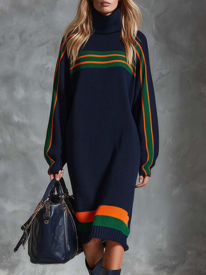 Vintage Fashion Sporty High-neck Contrast Green And Orange Striped Navy Knit Midi Dress