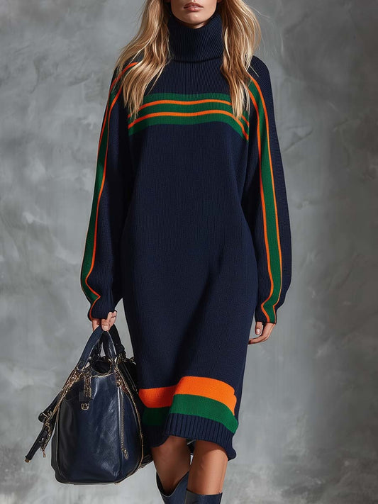 Vintage Fashion Sporty High-neck Contrast Green And Orange Striped Navy Knit Midi Dress