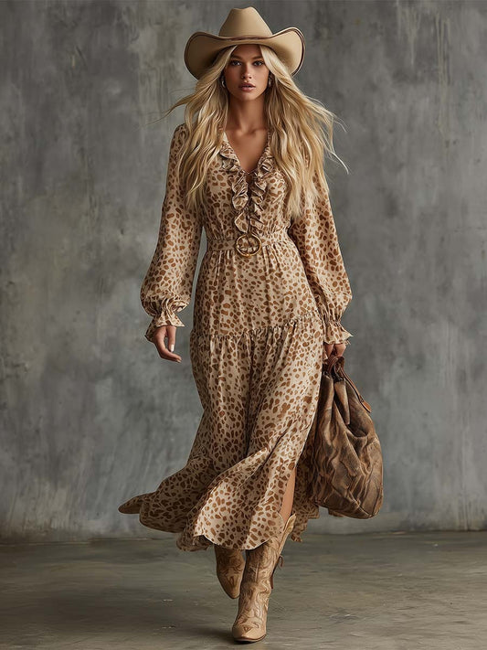 Western Vintage Ruffled V-neck Beige Leopard Print Slit Maxi Dress