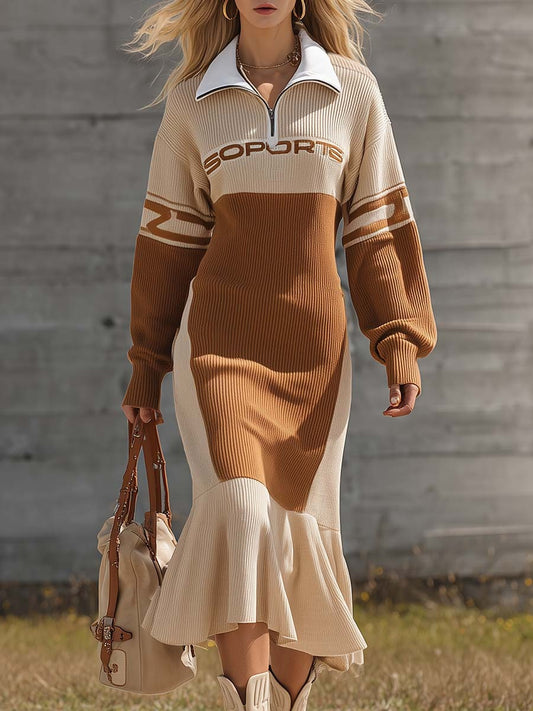 Retro Fashion Sports Beige And Brown Contrast Fishtail Hem Knit Midi Dress