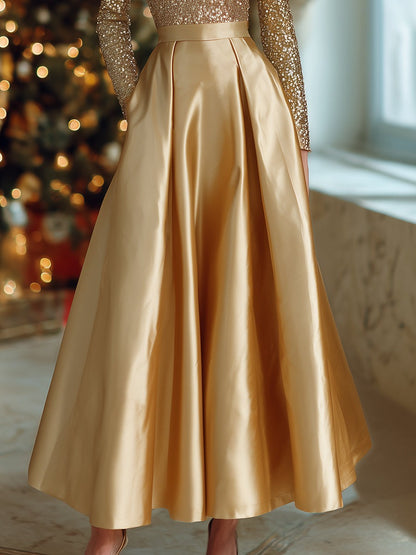 High-end Exquisite V-neck Champagne Gold Velvet Sequined Satin Skirt Maxi Dress