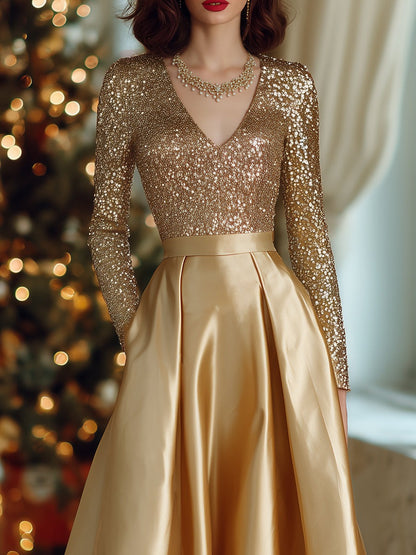 High-end Exquisite V-neck Champagne Gold Velvet Sequined Satin Skirt Maxi Dress
