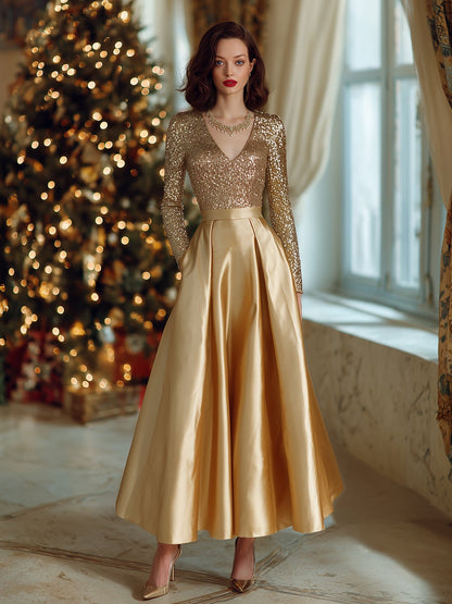 High-end Exquisite V-neck Champagne Gold Velvet Sequined Satin Skirt Maxi Dress