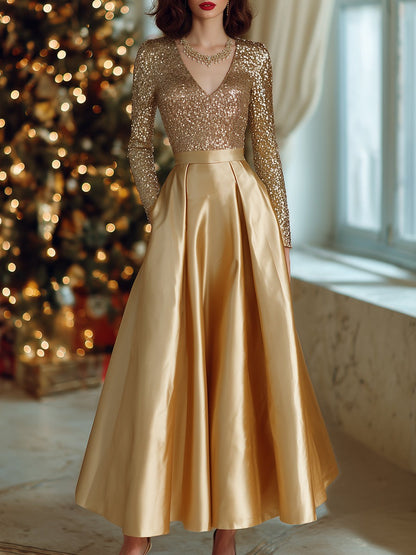 High-end Exquisite V-neck Champagne Gold Velvet Sequined Satin Skirt Maxi Dress