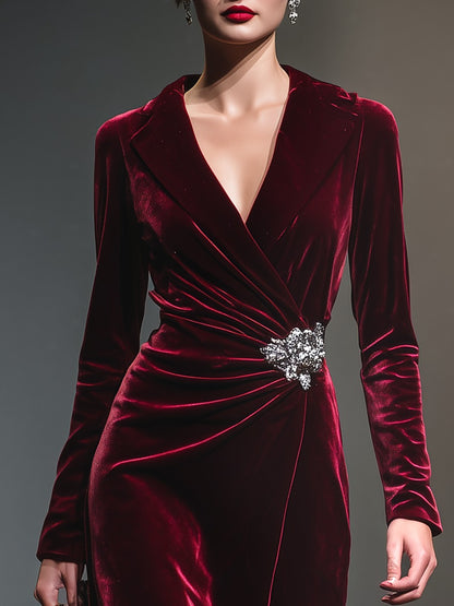 Retro-style Lapel Pleated Velvet Maxi Dress