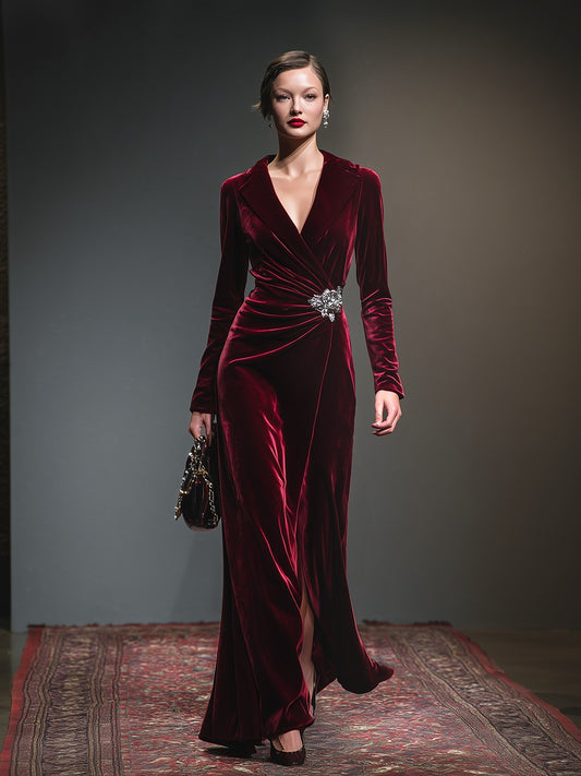 Retro-style Lapel Pleated Velvet Maxi Dress