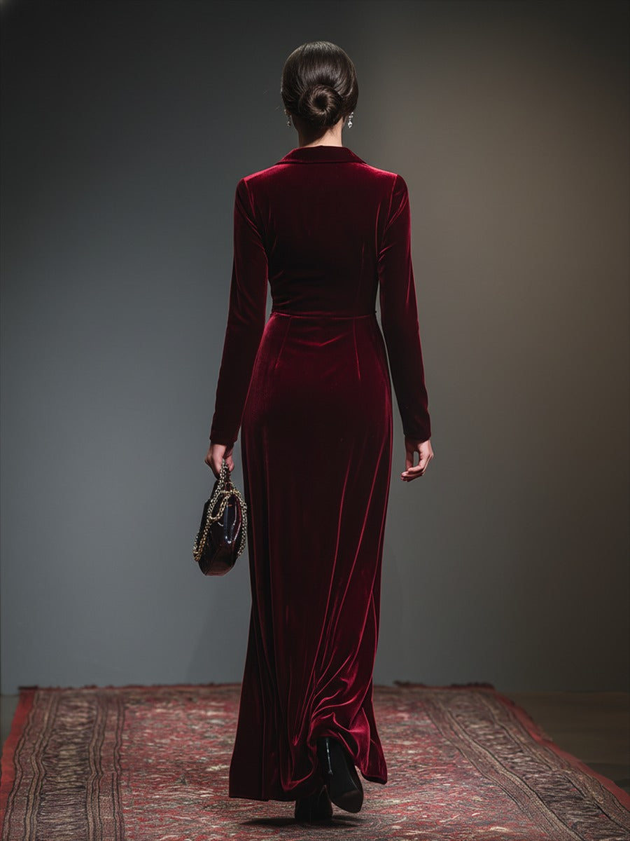 Retro-style Lapel Pleated Velvet Maxi Dress