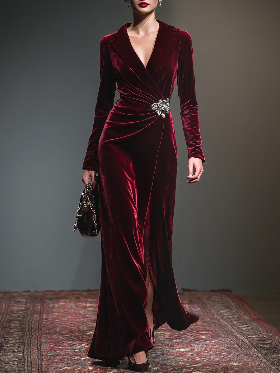 Retro-style Lapel Pleated Velvet Maxi Dress