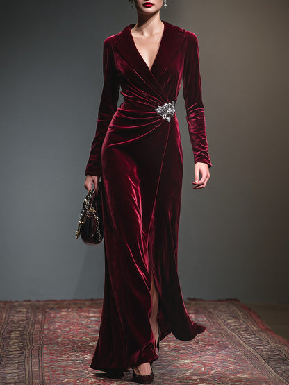 Retro-style Lapel Pleated Velvet Maxi Dress