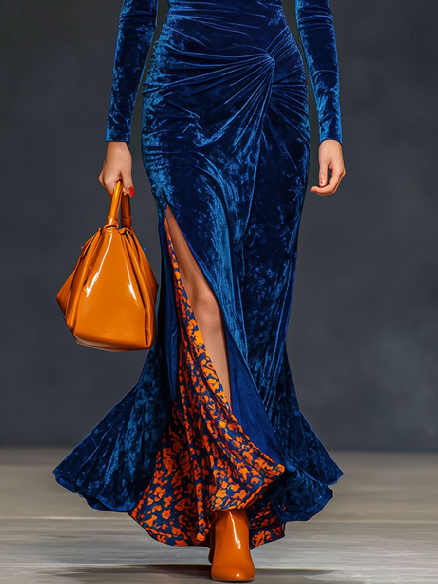 Elegant Retro Navy Blue Diamond Velvet Pleated Leopard Print Maxi Dress