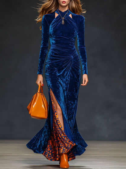 Elegant Retro Navy Blue Diamond Velvet Pleated Leopard Print Maxi Dress