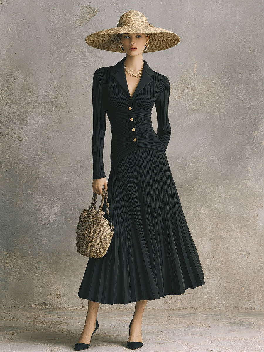 Fashionable Black Lapel Knitted Midi Dress