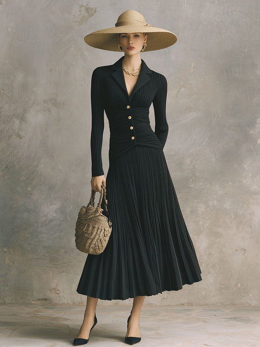 Fashionable Black Lapel Knitted Midi Dress