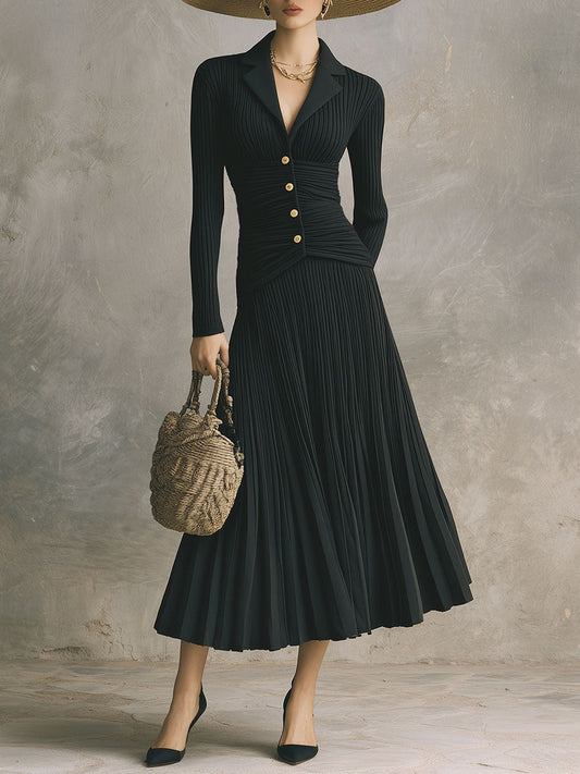 Fashionable Black Lapel Knitted Midi Dress