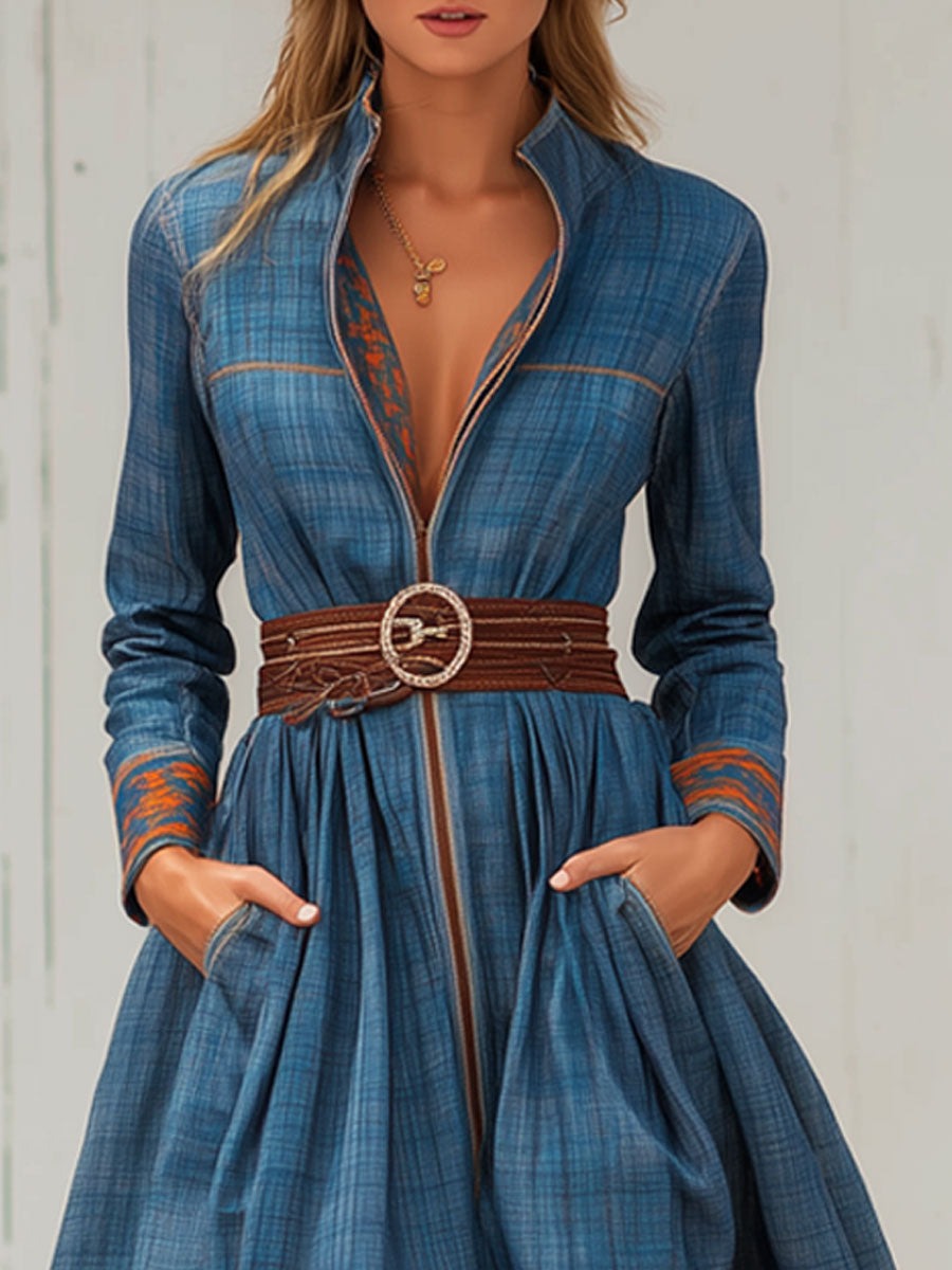 Western Retro Blue Plaid Long Sleeve Maxi Dress