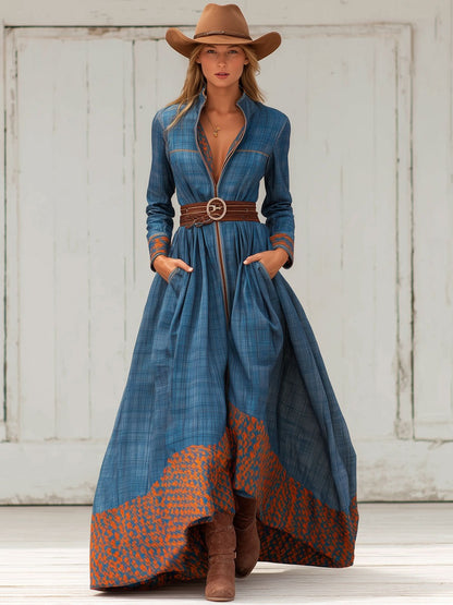 Western Retro Blue Plaid Long Sleeve Maxi Dress