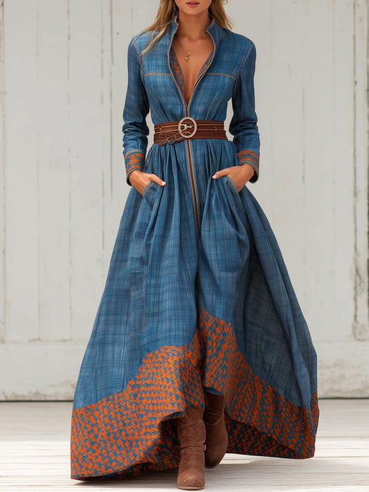 Western Retro Blue Plaid Long Sleeve Maxi Dress