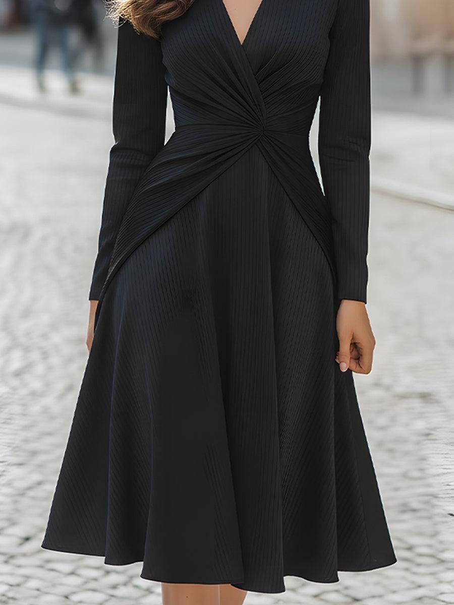Black Plain V-Neck Twist Front Trumpet Midi Dress