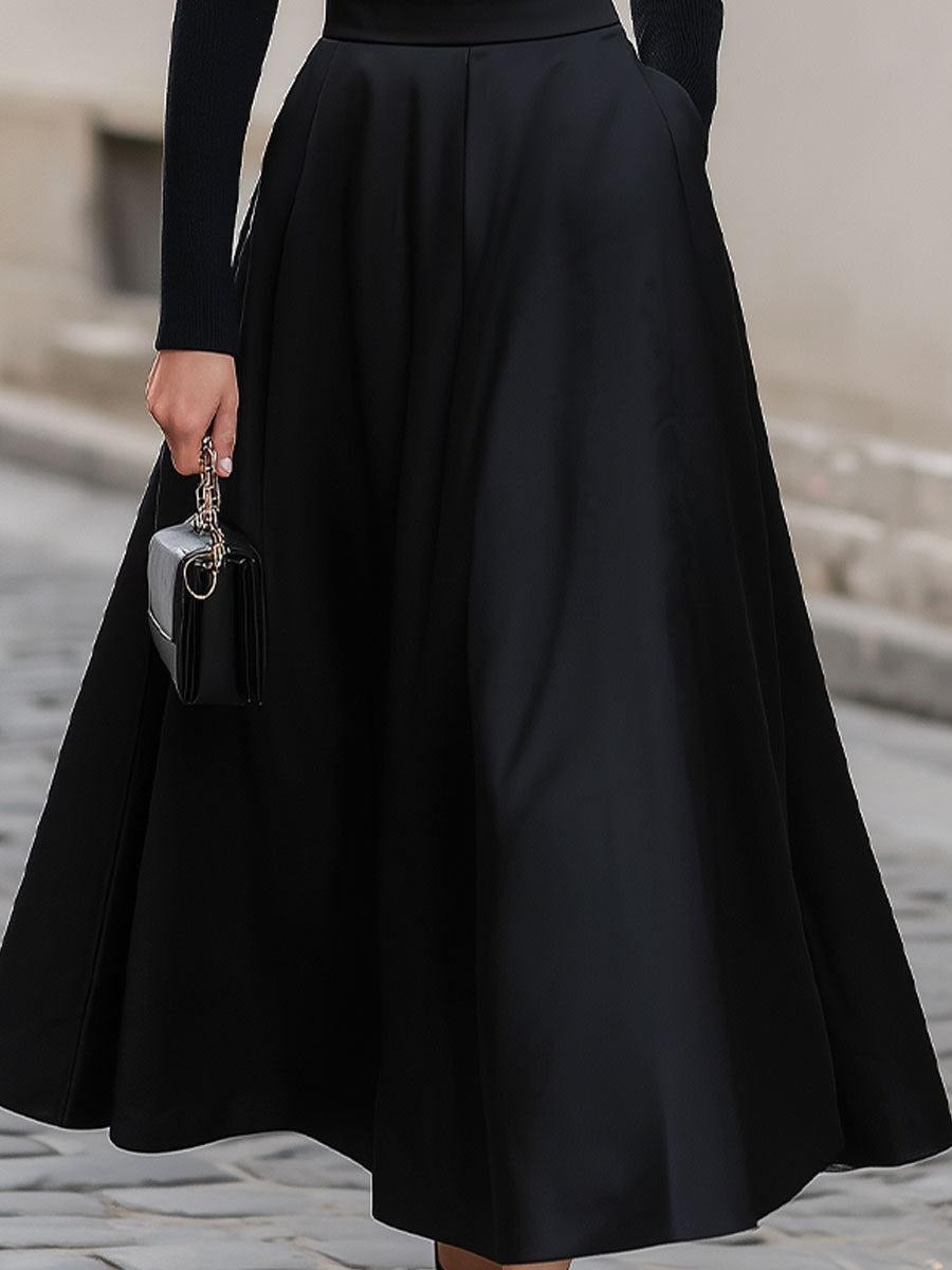 Classic Black Boat Neck Plain Midi Dress