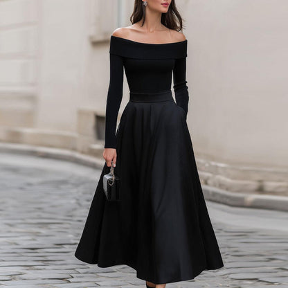 Classic Black Boat Neck Plain Midi Dress