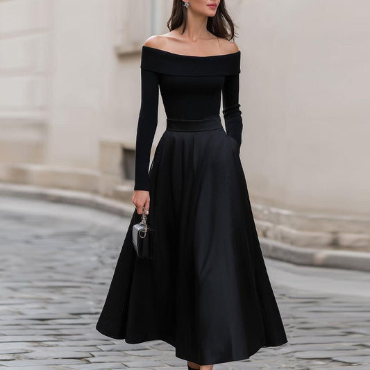 Classic Black Boat Neck Plain Midi Dress