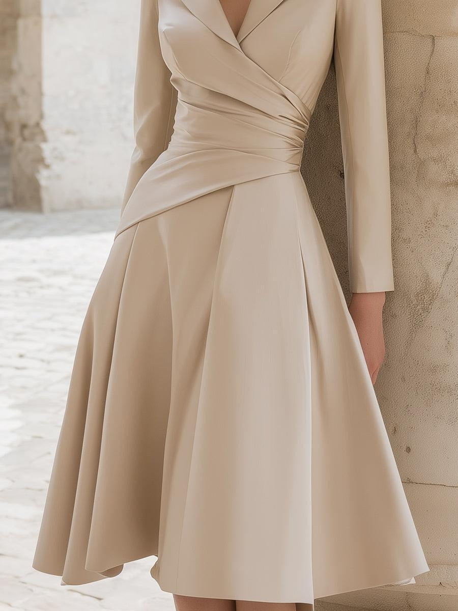 Champagne Tuxedo Style Wrap Plain Midi Dress