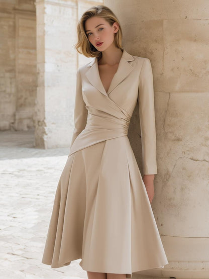 Champagne Tuxedo Style Wrap Plain Midi Dress