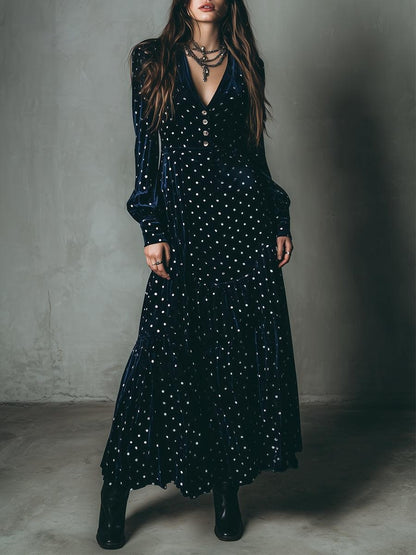 Navy Velvet Polka Dot Long Sleeve Maxi Dress