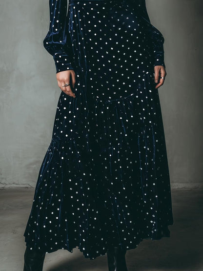 Navy Velvet Polka Dot Long Sleeve Maxi Dress