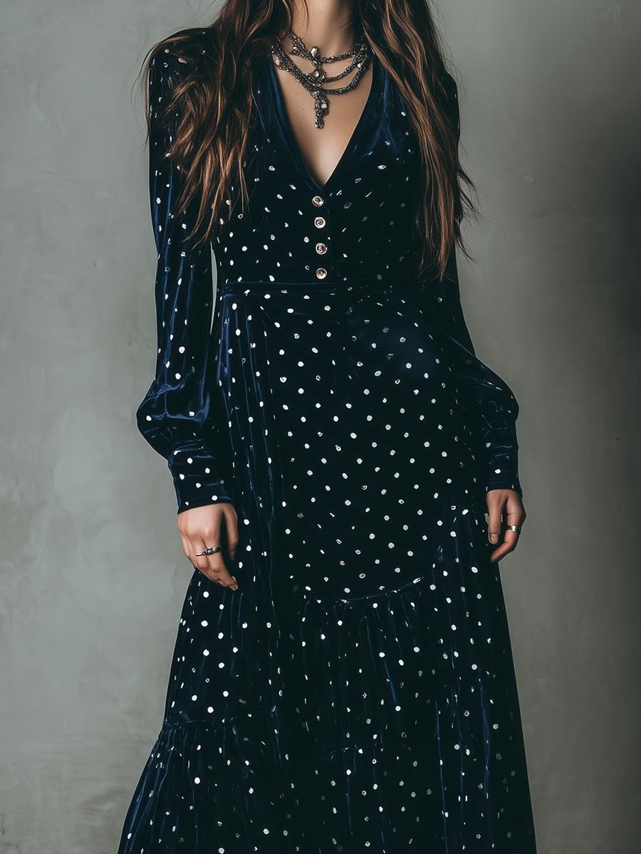 Navy Velvet Polka Dot Long Sleeve Maxi Dress