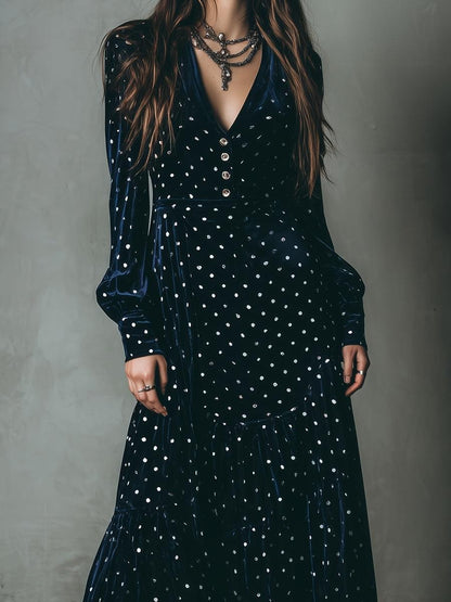 Navy Velvet Polka Dot Long Sleeve Maxi Dress