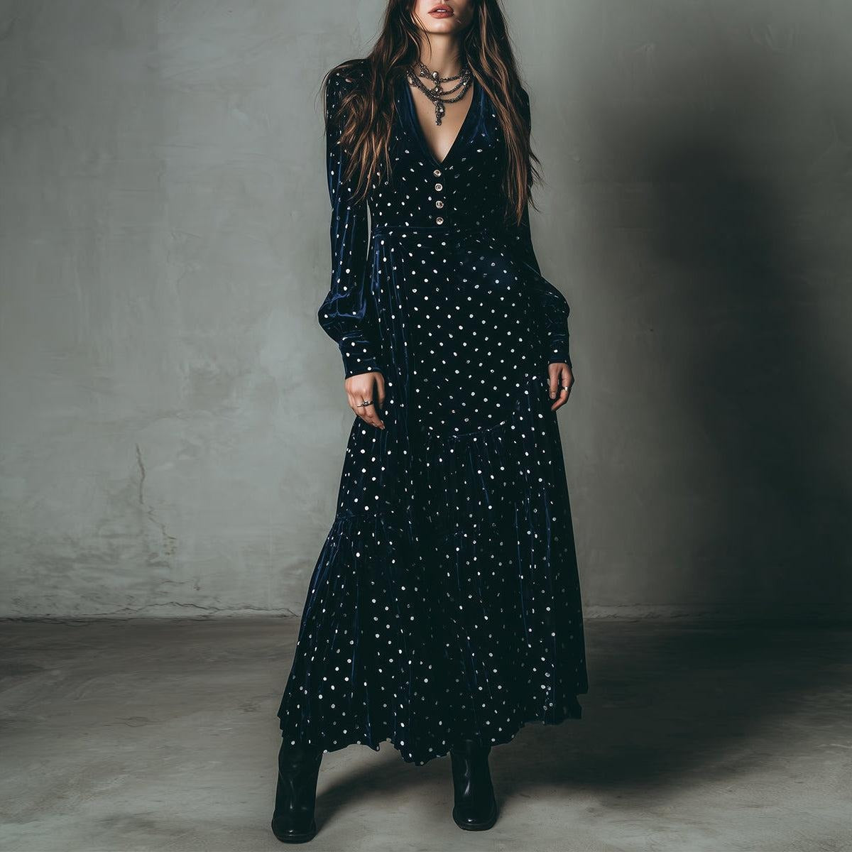 Navy Velvet Polka Dot Long Sleeve Maxi Dress