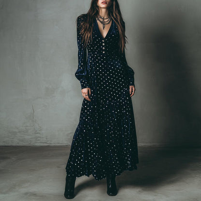 Navy Velvet Polka Dot Long Sleeve Maxi Dress