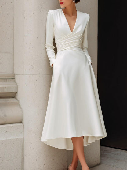 Classic Long Sleeve V-Neck Midi Dress