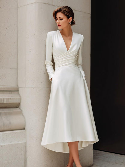 Classic Long Sleeve V-Neck Midi Dress
