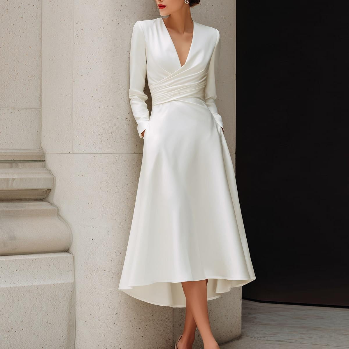 Classic Long Sleeve V-Neck Midi Dress