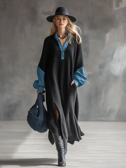 Fashionable Casual Black Knitted Denim Trim Maxi Dress
