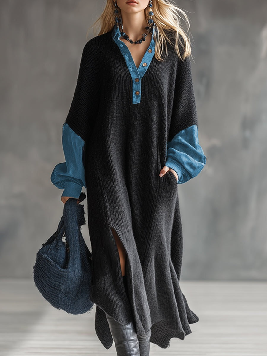 Fashionable Casual Black Knitted Denim Trim Maxi Dress