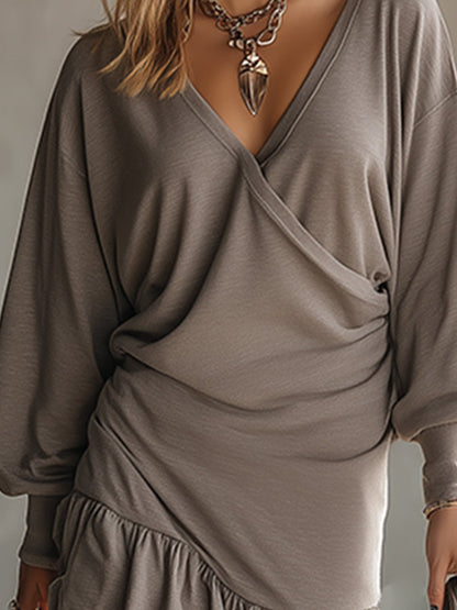 Retro Sporty Grey Cotton Sweatshirt With Ruffled Maxi Dress