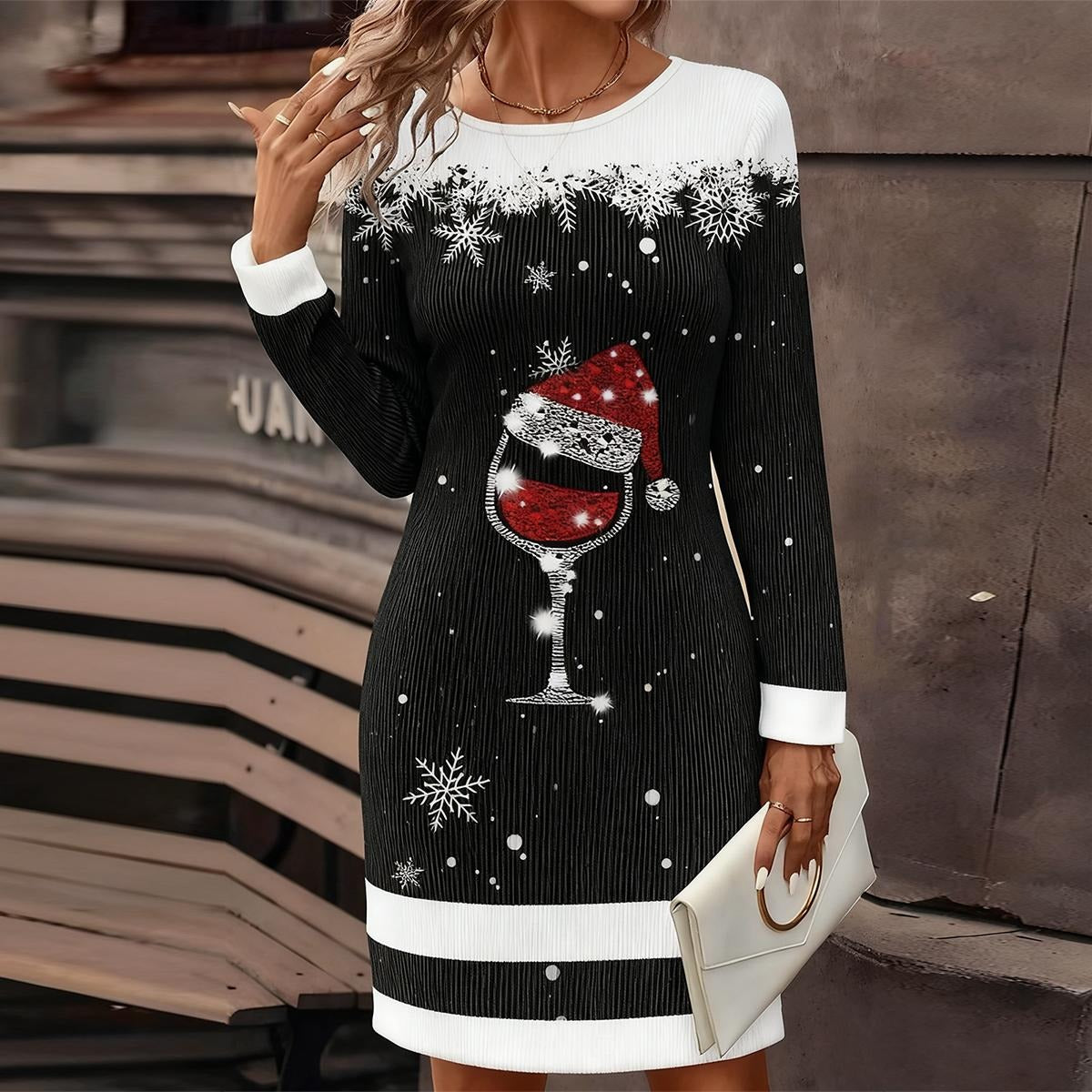 Black & White Christmas Print Knitted Midi Dress